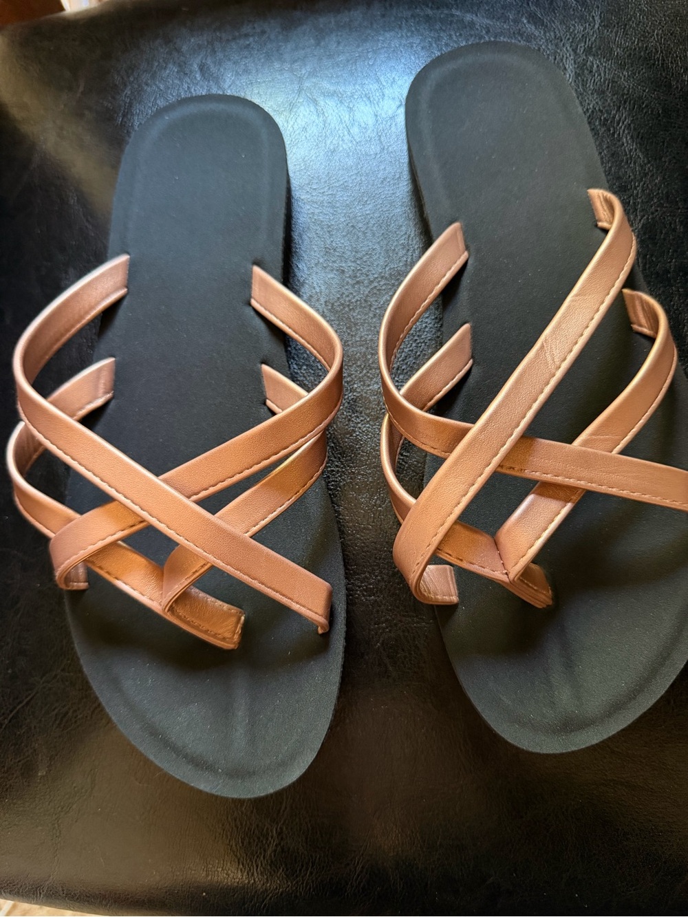 Women’s Nude Strappy Flat Slide Sandals Black Cushioned Footbed Size EU 37 US6.5
